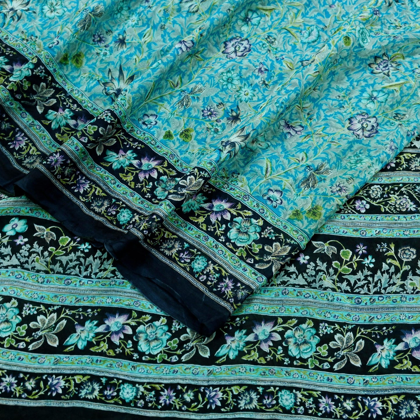 Indian Vintage Black & Blue Sarees Pure Silk Printed Indian Sari 6yd Sewing Craft Fabric DressMaking Floral Soft Crafting Quilting
