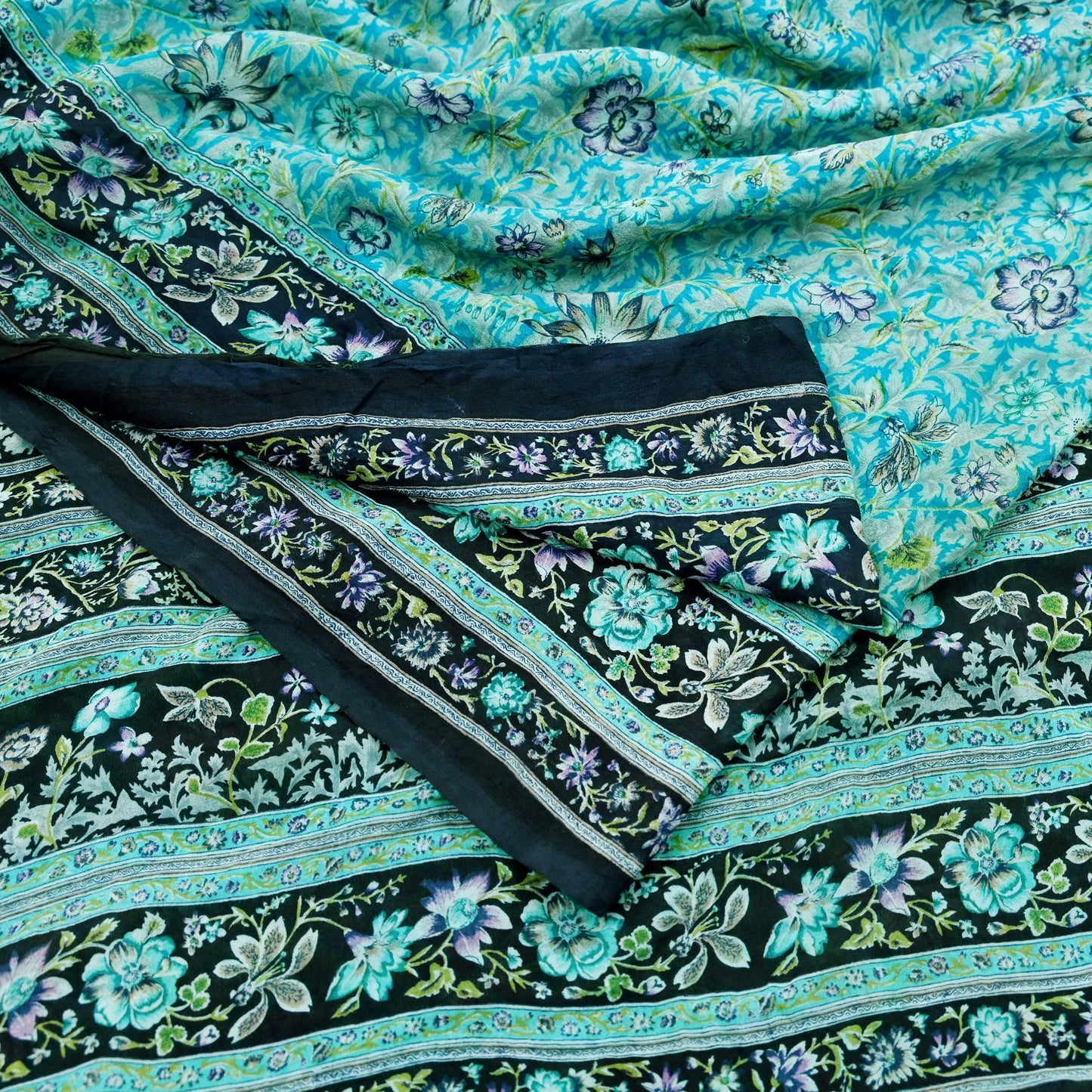 Indian Vintage Black & Blue Sarees Pure Silk Printed Indian Sari 6yd Sewing Craft Fabric DressMaking Floral Soft Crafting Quilting