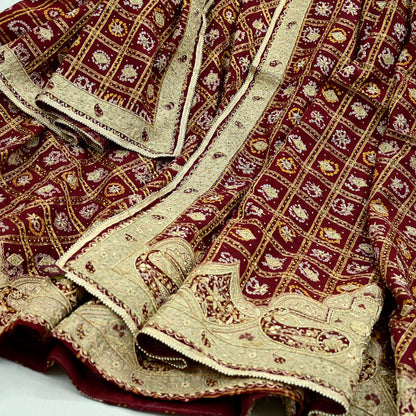 Indian Vintage Heavy Wedding Maroon Pure Cotton Hand Embroidered Bandhani Gharchola Lehenga/Dupatta Bridal Wear Zardozi/ Dabka, Zari
