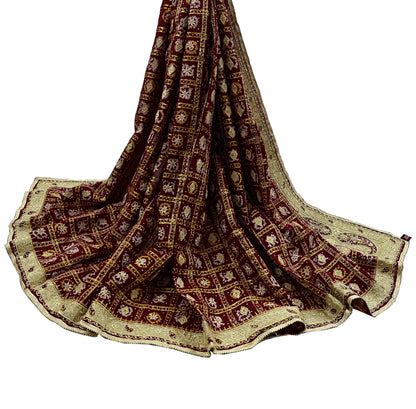 Indian Vintage Heavy Bridal Maroon Dupatta Pure Cotton Long Stole Hand Embroidered Bandhani Gharchola Scarves Wedding/Party Wear Paisley