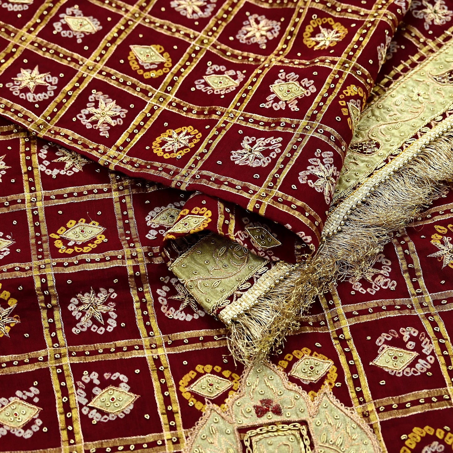 Indian Vintage Heavy Bridal Maroon Dupatta Pure Cotton Long Stole Hand Embroidered Bandhani Gharchola Scarves Wedding/Party Wear Paisley