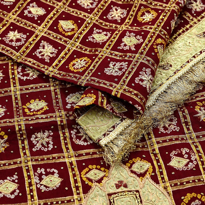 Indian Vintage Heavy Bridal Maroon Dupatta Pure Cotton Long Stole Hand Embroidered Bandhani Gharchola Scarves Wedding/Party Wear Paisley