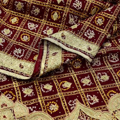 Indian Vintage Heavy Bridal Maroon Dupatta Pure Cotton Long Stole Hand Embroidered Bandhani Gharchola Scarves Wedding/Party Wear Paisley