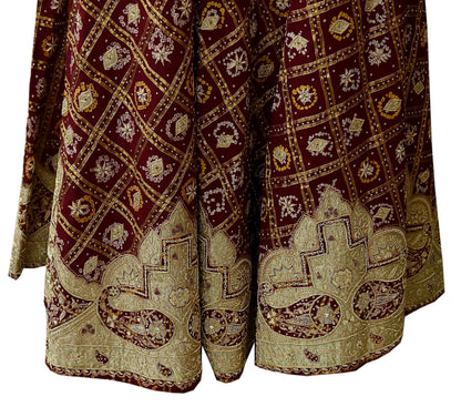 Indian Vintage Heavy Wedding Maroon Pure Cotton Hand Embroidered Bandhani Gharchola Lehenga/Skirt Bridal Wear Zardozi/ Dabka, Zari