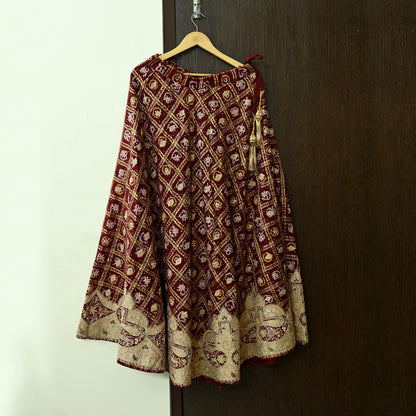 Indian Vintage Heavy Wedding Maroon Pure Cotton Hand Embroidered Bandhani Gharchola Lehenga/Skirt Bridal Wear Zardozi/ Dabka, Zari