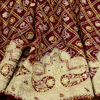 Indian Vintage Heavy Wedding Maroon Pure Cotton Hand Embroidered Bandhani Gharchola Lehenga/Skirt Bridal Wear Zardozi/ Dabka, Zari