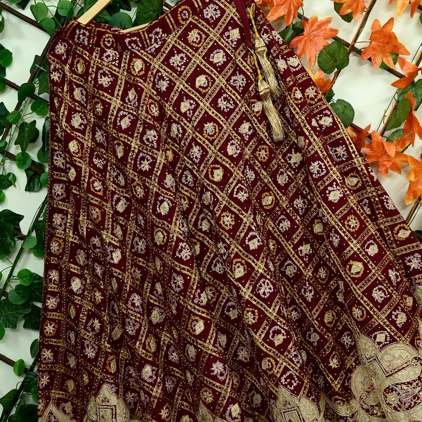 Indian Vintage Heavy Wedding Maroon Pure Cotton Hand Embroidered Bandhani Gharchola Lehenga/Skirt Bridal Wear Zardozi/ Dabka, Zari
