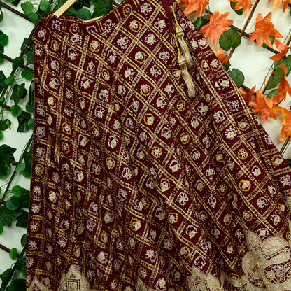 Indian Vintage Heavy Wedding Maroon Pure Cotton Hand Embroidered Bandhani Gharchola Lehenga/Skirt Bridal Wear Zardozi/ Dabka, Zari