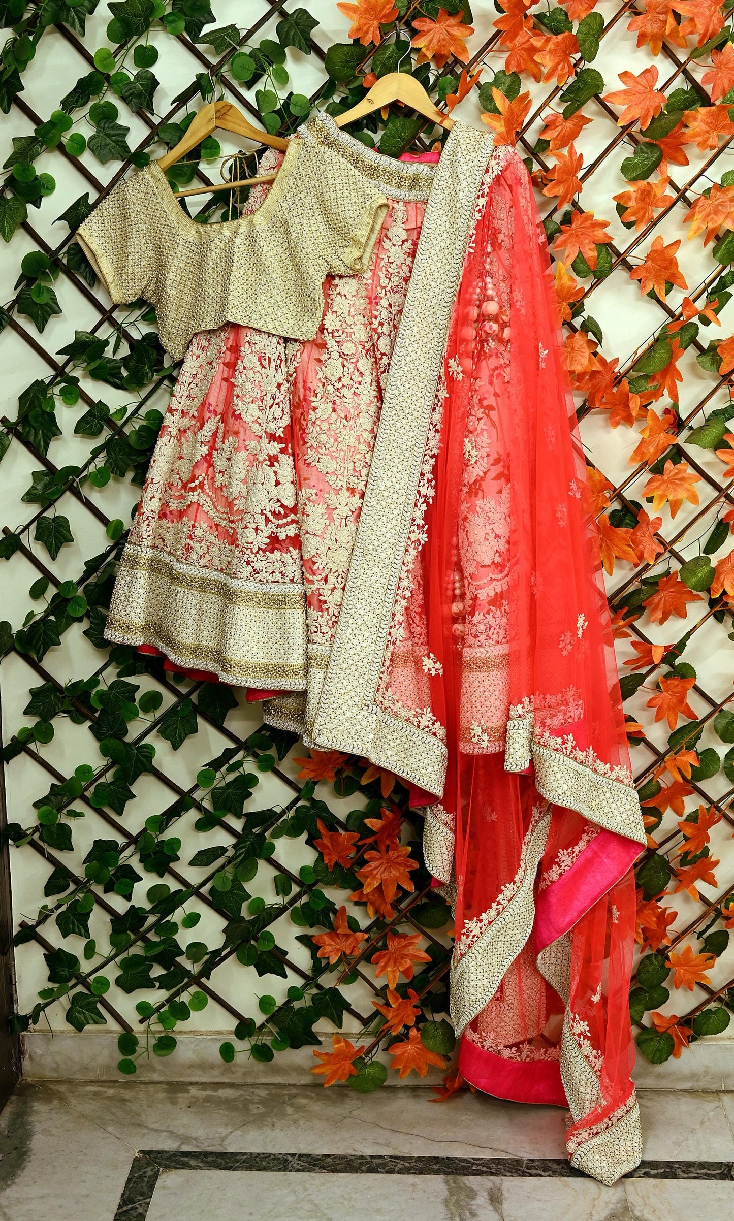 Indian Pre-owned Heavy Pink & Ivory Mesh/Net Hand Embroidered Lehenga 3pcs Set By Designer Abu Jani Bridal Wear With Blouse