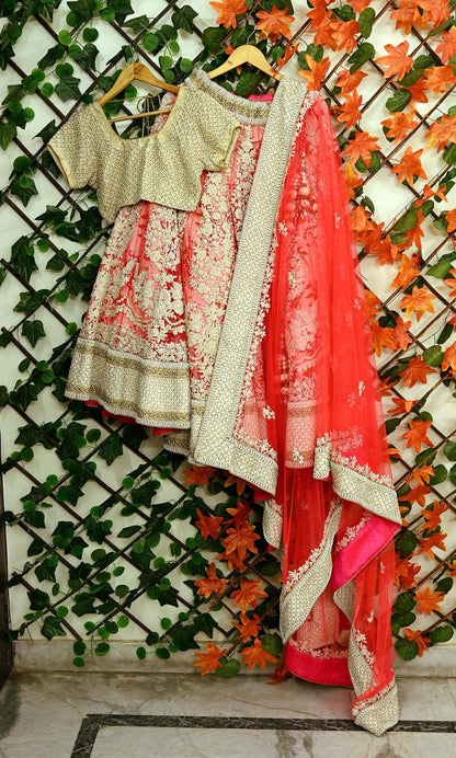 Indian Pre-owned Heavy Pink & Ivory Mesh/Net Hand Embroidered Lehenga 3pcs Set By Designer Abu Jani Bridal Wear With Blouse