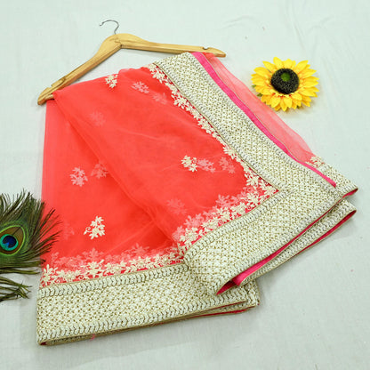 Indian Pre-owned Heavy Pink & Ivory Mesh/Net Hand Embroidered Lehenga 3pcs Set By Designer Abu Jani Bridal Wear With Blouse