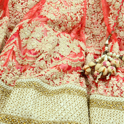 Indian Pre-owned Heavy Pink & Ivory Mesh/Net Hand Embroidered Lehenga 3pcs Set By Designer Abu Jani Bridal Wear With Blouse