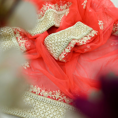 Indian Pre-owned Heavy Dupatta Pink Net Long Stole Hand Embroidered By Designer Abu Jani Scarves Bridal Veil