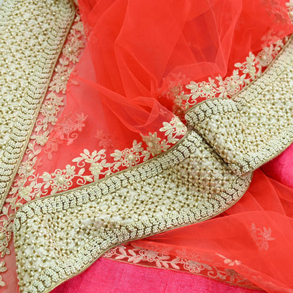 Indian Pre-owned Heavy Dupatta Pink Net Long Stole Hand Embroidered By Designer Abu Jani Scarves Bridal Veil