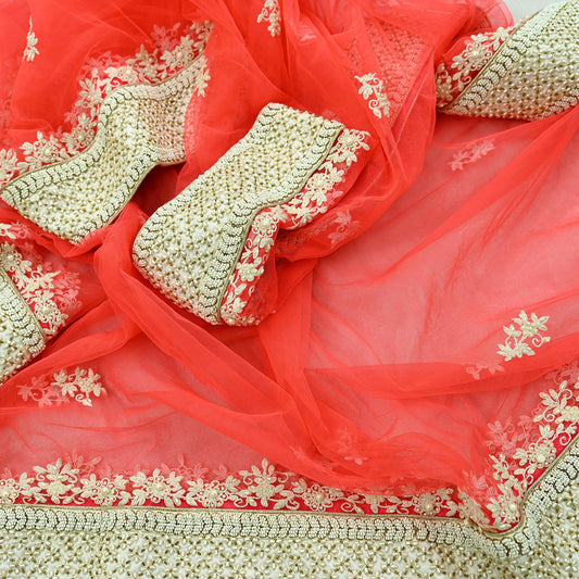 Indian Pre-owned Heavy Dupatta Pink Net Long Stole Hand Embroidered By Designer Abu Jani Scarves Bridal Veil