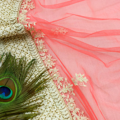 Indian Pre-owned Heavy Dupatta Pink Net Long Stole Hand Embroidered By Designer Abu Jani Scarves Bridal Veil