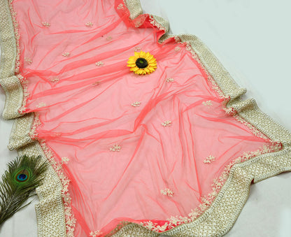 Indian Pre-owned Heavy Dupatta Pink Net Long Stole Hand Embroidered By Designer Abu Jani Scarves Bridal Veil