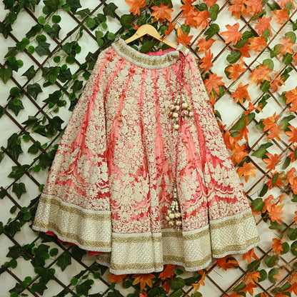Indian Pre-owned Pink Heavy Wedding Net Hand Embroidered Lehenga/Skirt Designer By Abu Jani Zardozi Bridal Wear