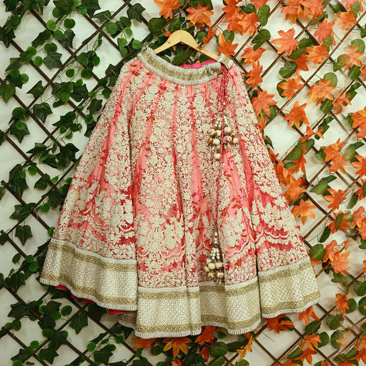 Indian Pre-owned Pink Heavy Wedding Net Hand Embroidered Lehenga/Skirt Designer By Abu Jani Zardozi Bridal Wear