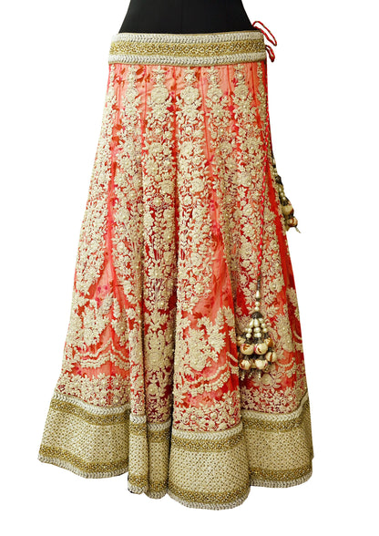 Indian Pre-owned Pink Heavy Wedding Net Hand Embroidered Lehenga/Skirt Designer By Abu Jani Zardozi Bridal Wear