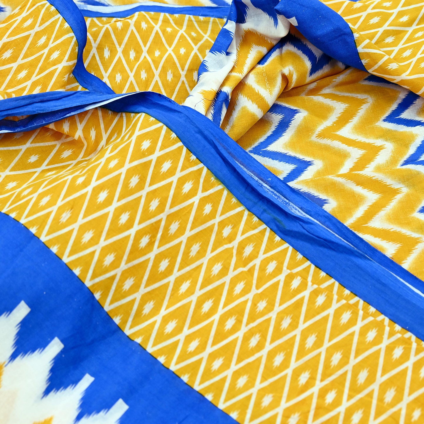 Indian Vintage Sari Blue & Yellow Printed 100% Pure Cotton Saree Craft Fabric 5Yd Soft Sewing Sarong Wrap Boho Stripes Dress making Quilting