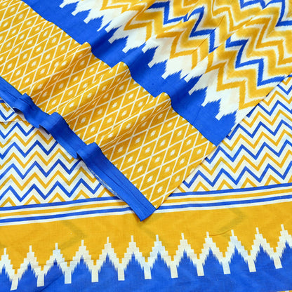 Indian Vintage Sari Blue & Yellow Printed 100% Pure Cotton Saree Craft Fabric 5Yd Soft Sewing Sarong Wrap Boho Stripes Dress making Quilting