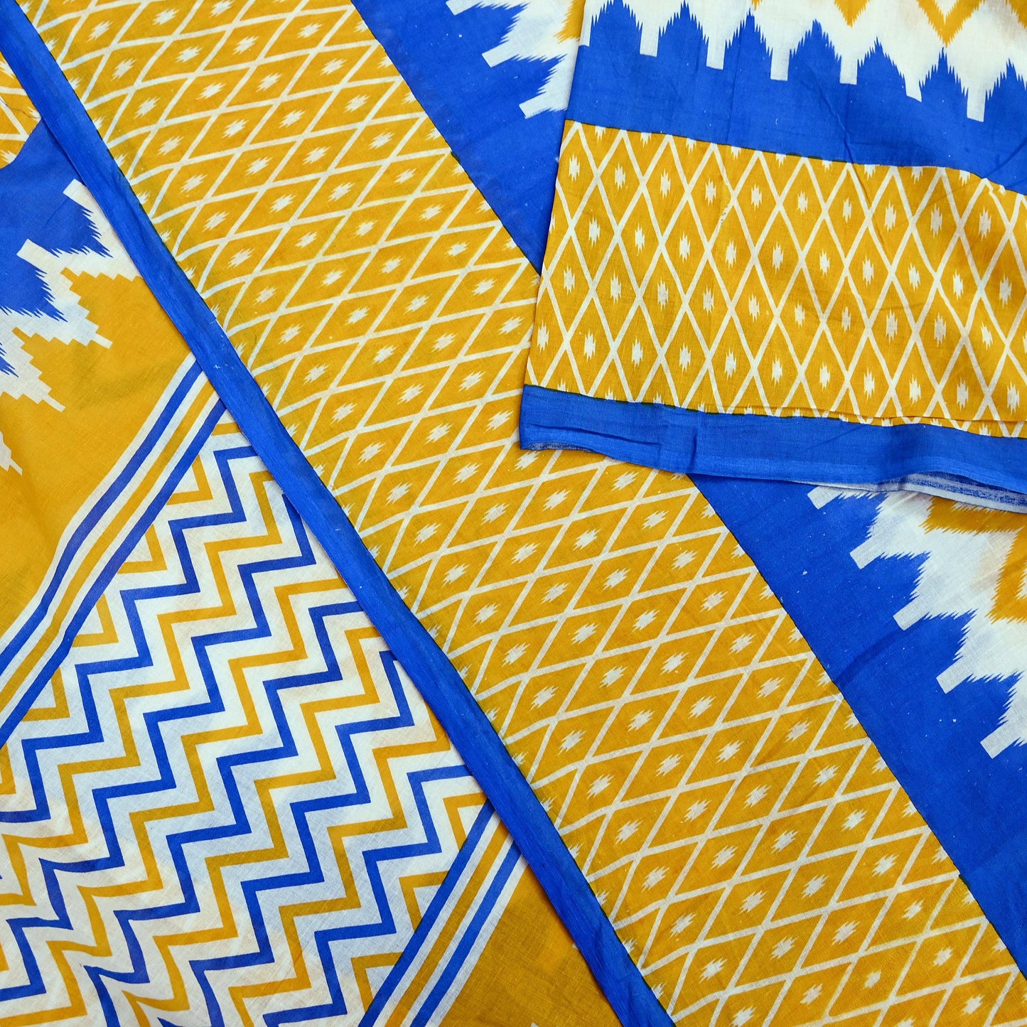 Indian Vintage Sari Blue & Yellow Printed 100% Pure Cotton Saree Craft Fabric 5Yd Soft Sewing Sarong Wrap Boho Stripes Dress making Quilting