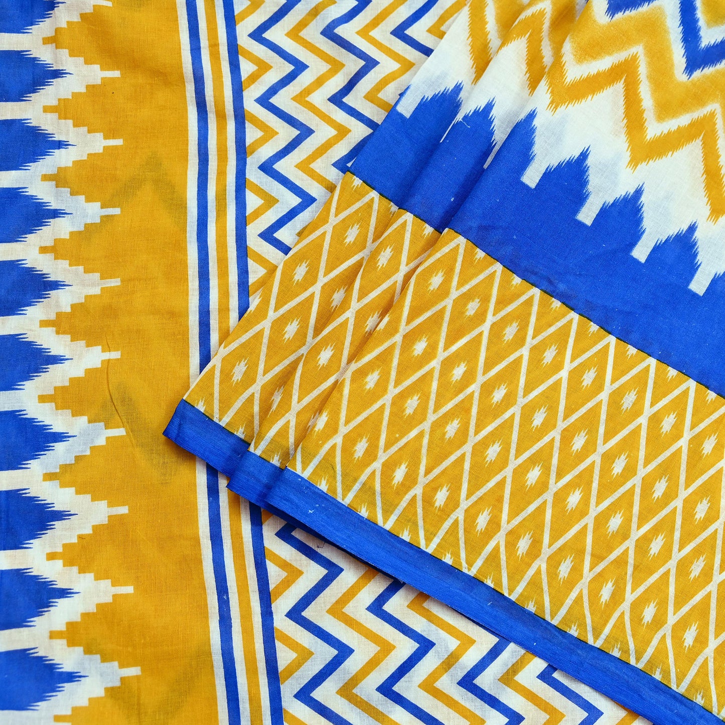 Indian Vintage Sari Blue & Yellow Printed 100% Pure Cotton Saree Craft Fabric 5Yd Soft Sewing Sarong Wrap Boho Stripes Dress making Quilting