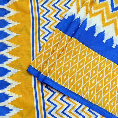Indian Vintage Sari Blue & Yellow Printed 100% Pure Cotton Saree Craft Fabric 5Yd Soft Sewing Sarong Wrap Boho Stripes Dress making Quilting