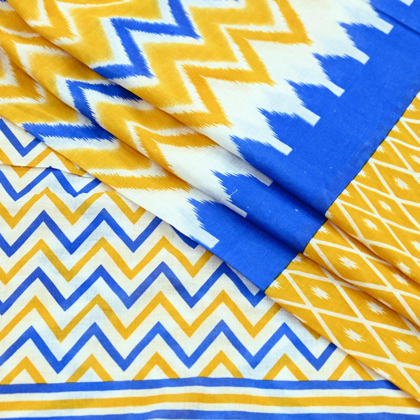 Indian Vintage Sari Blue & Yellow Printed 100% Pure Cotton Saree Craft Fabric 5Yd Soft Sewing Sarong Wrap Boho Stripes Dress making Quilting