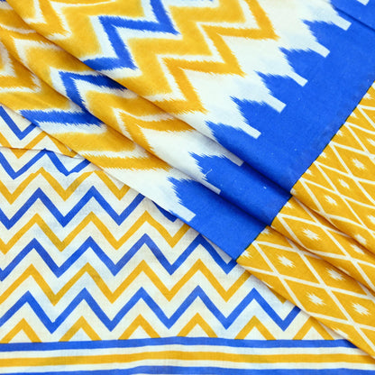 Indian Vintage Sari Blue & Yellow Printed 100% Pure Cotton Saree Craft Fabric 5Yd Soft Sewing Sarong Wrap Boho Stripes Dress making Quilting