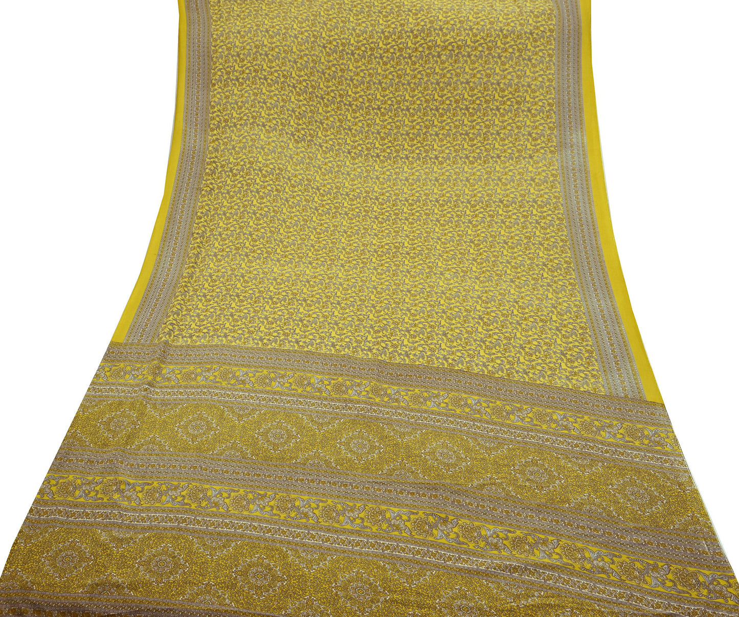 Indian Vintage Sari Yellow Moss Crepe Printed Sarees 5yd Craft Fabric Sewing Floral Soft Dress making Quilting Crafting Upcycle Used