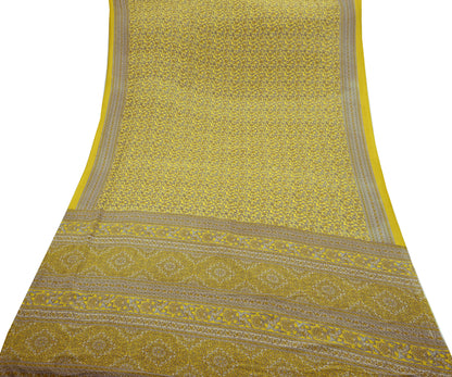 Indian Vintage Sari Yellow Moss Crepe Printed Sarees 5yd Craft Fabric Sewing Floral Soft Dress making Quilting Crafting Upcycle Used