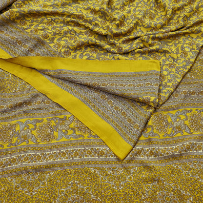 Indian Vintage Sari Yellow Moss Crepe Printed Sarees 5yd Craft Fabric Sewing Floral Soft Dress making Quilting Crafting Upcycle Used