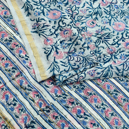 Indian Vintage Sari Pure chanderi Silk Bagru Printed Saree 5Yd Fabric Floral Soft Zari Border Ethnic Upcycle Crafting Dress making