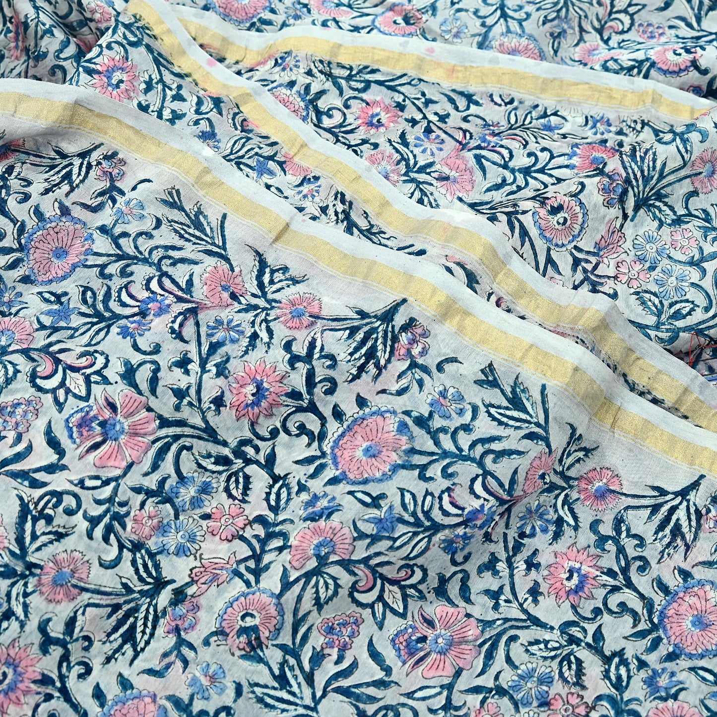 Indian Vintage Sari Pure chanderi Silk Bagru Printed Saree 5Yd Fabric Floral Soft Zari Border Ethnic Upcycle Crafting Dress making