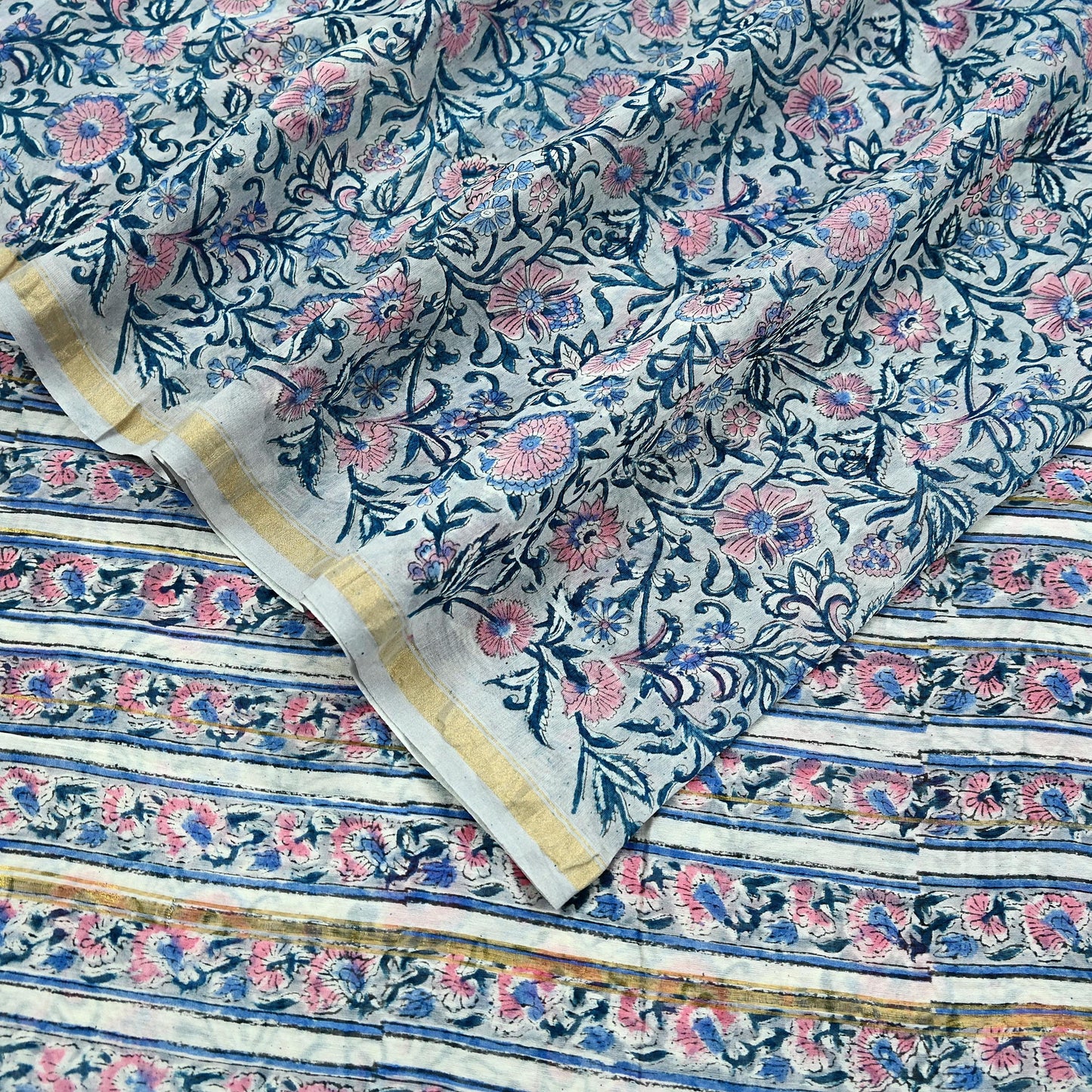Indian Vintage Sari Pure chanderi Silk Bagru Printed Saree 5Yd Fabric Floral Soft Zari Border Ethnic Upcycle Crafting Dress making