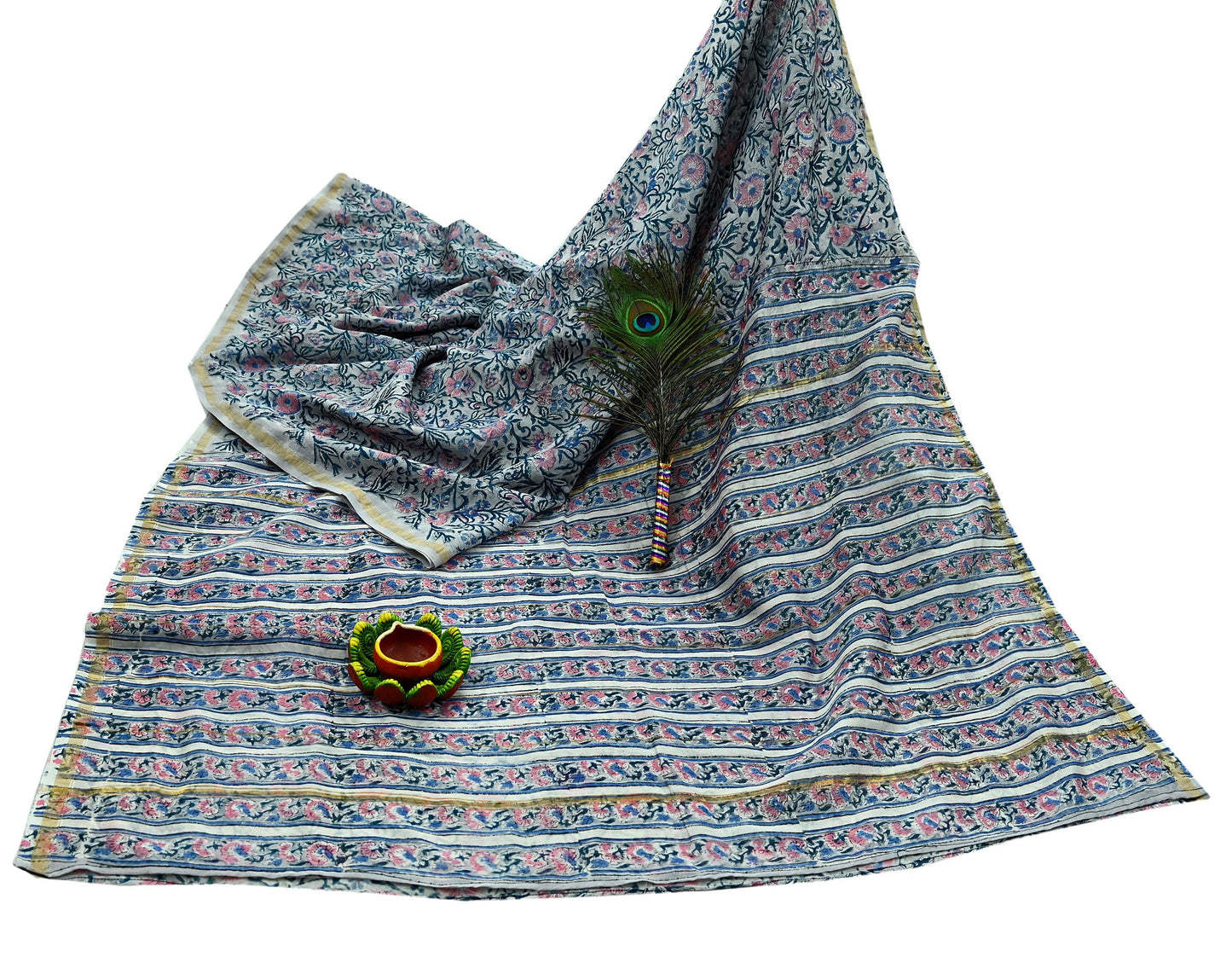 Indian Vintage Sari Pure chanderi Silk Bagru Printed Saree 5Yd Fabric Floral Soft Zari Border Ethnic Upcycle Crafting Dress making