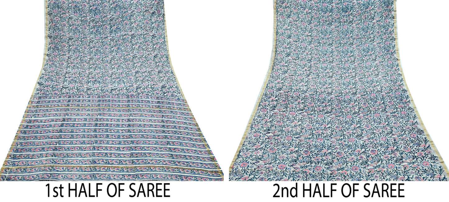 Indian Vintage Sari Pure chanderi Silk Bagru Printed Saree 5Yd Fabric Floral Soft Zari Border Ethnic Upcycle Crafting Dress making