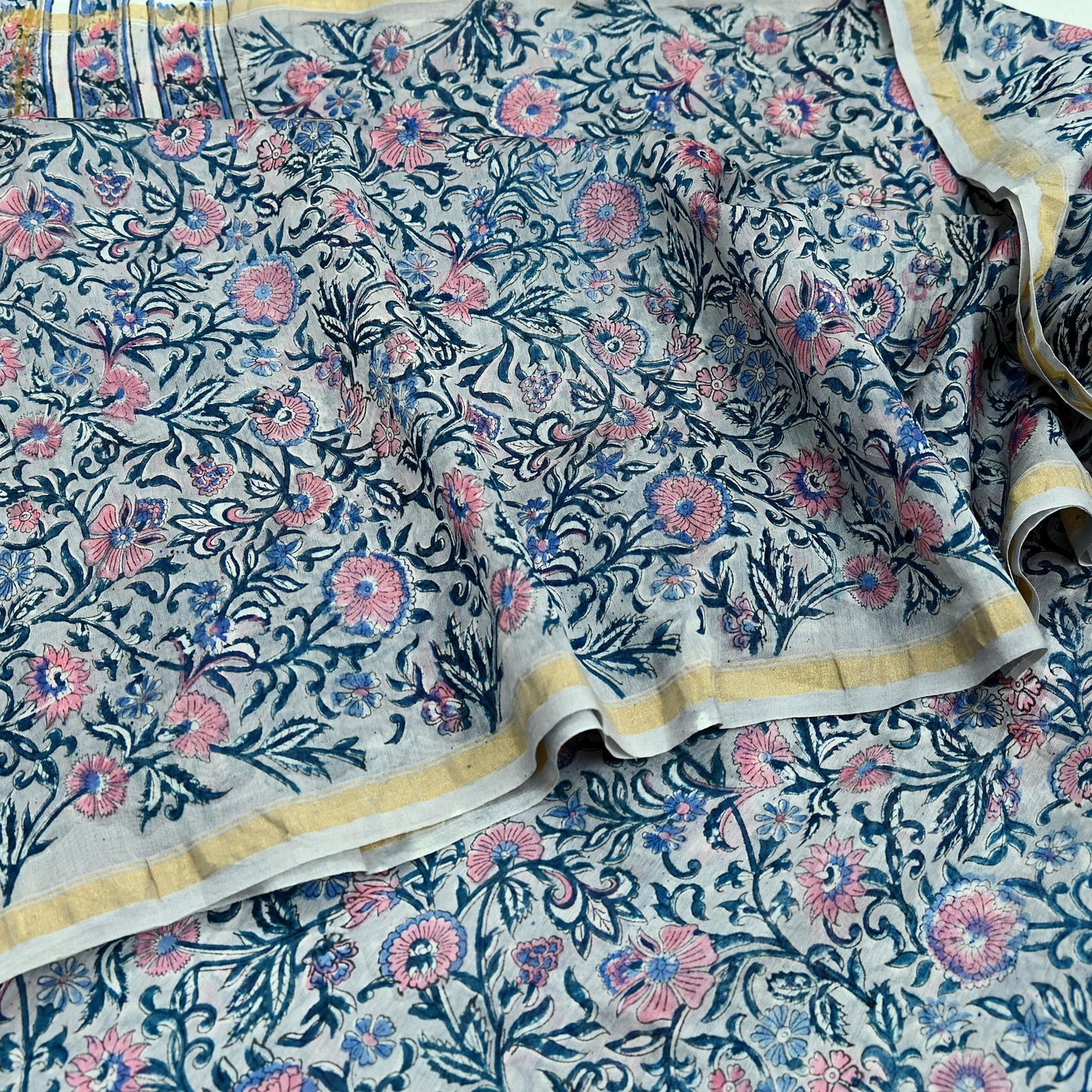 Indian Vintage Sari Pure chanderi Silk Bagru Printed Saree 5Yd Fabric Floral Soft Zari Border Ethnic Upcycle Crafting Dress making