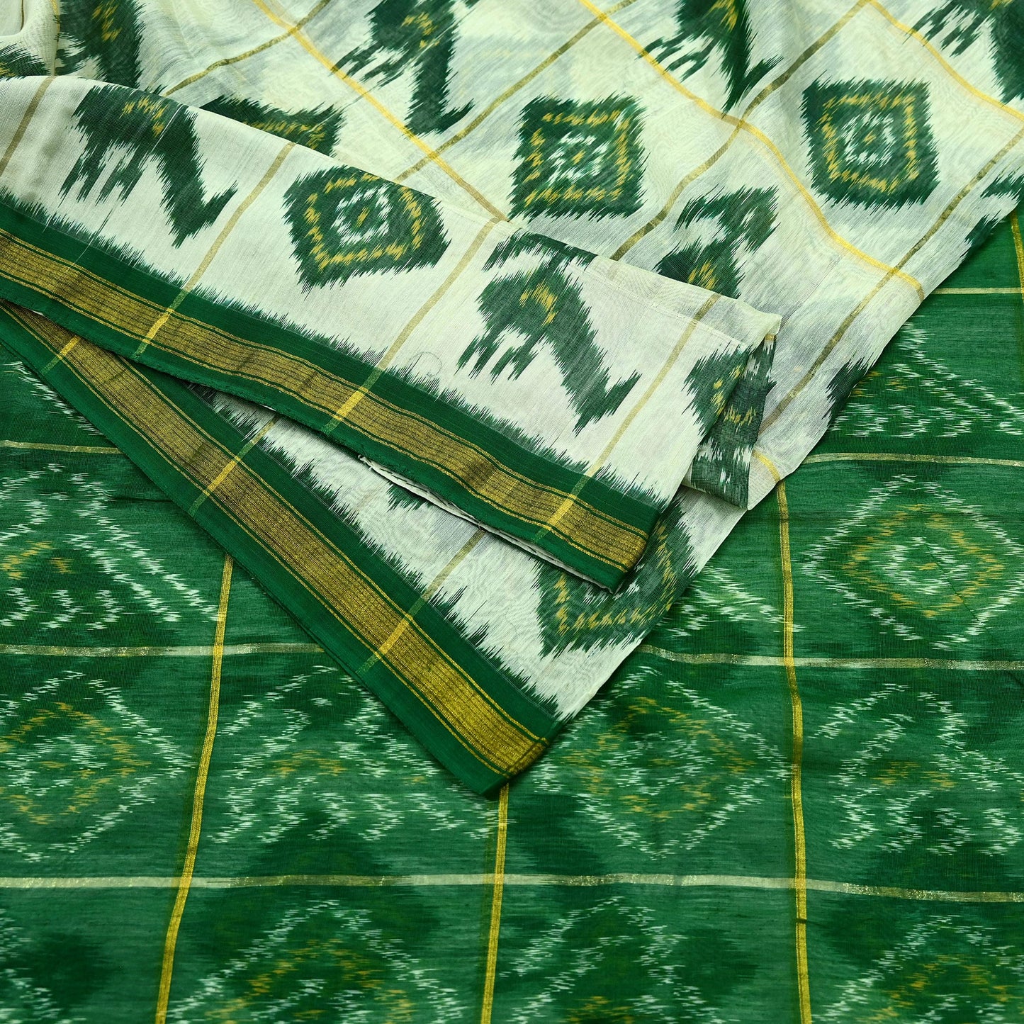 Indian Vintage Ivory & Green Saree Pure Silk Pochampally Hand Woven Ikat Sari Craft Fabric 5Yd Ethnic Zari Border Dress making Fringes