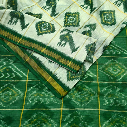 Indian Vintage Ivory & Green Saree Pure Silk Pochampally Hand Woven Ikat Sari Craft Fabric 5Yd Ethnic Zari Border Dress making Fringes