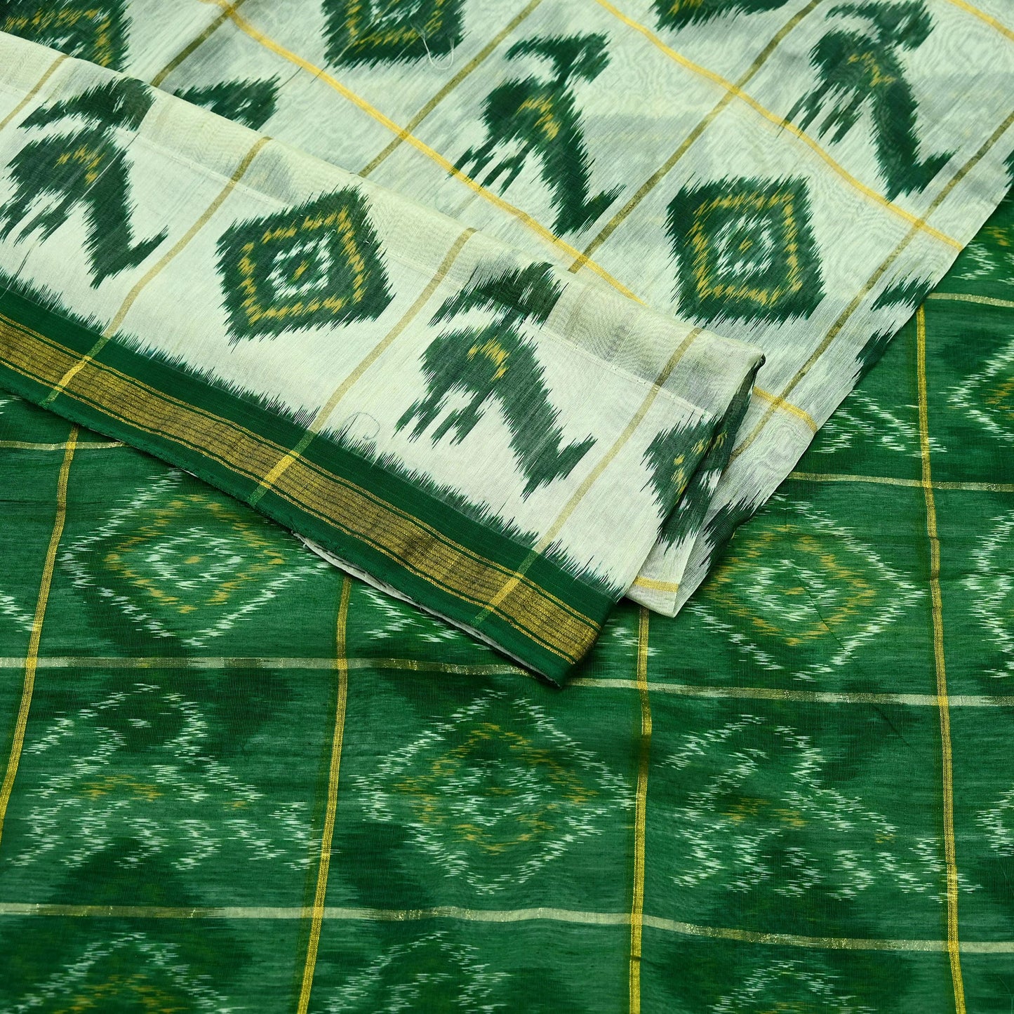 Indian Vintage Ivory & Green Saree Pure Silk Pochampally Hand Woven Ikat Sari Craft Fabric 5Yd Ethnic Zari Border Dress making Fringes