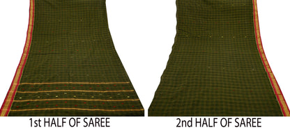 Indian Vintage Sari Green Pure Cotton Hand Woven Saree Craft Fabric 5yd Sewing Ethnic Soft Dress making Crafting Quilting Dress Designing