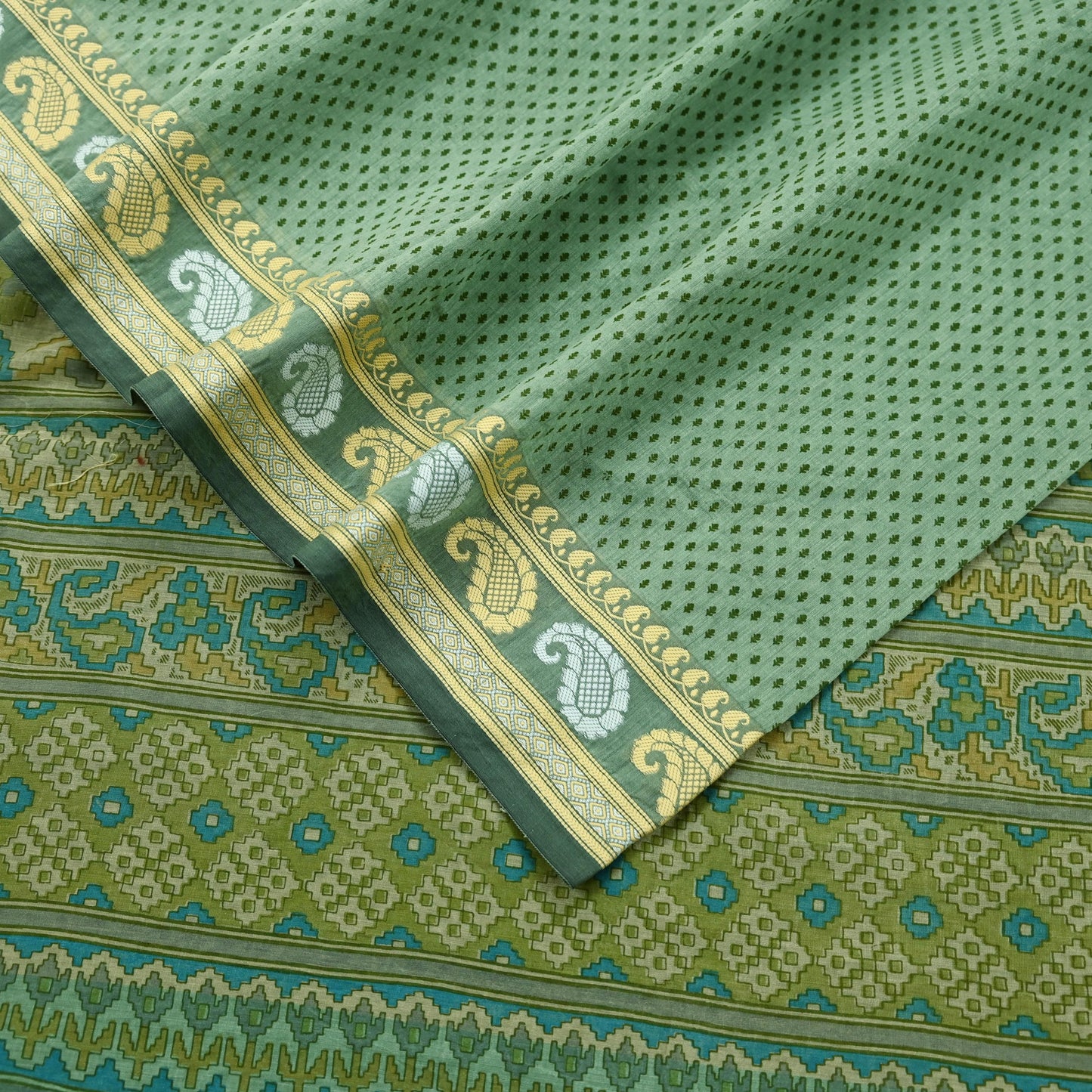 Indian Vintage Sari Green Block Printed Sari Chanderi Sarees Craft Fabric 5Yd Floral Soft Dress making Crafting Quilting