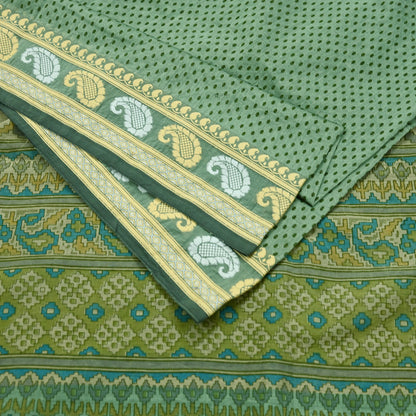 Indian Vintage Sari Green Block Printed Sari Chanderi Sarees Craft Fabric 5Yd Floral Soft Dress making Crafting Quilting