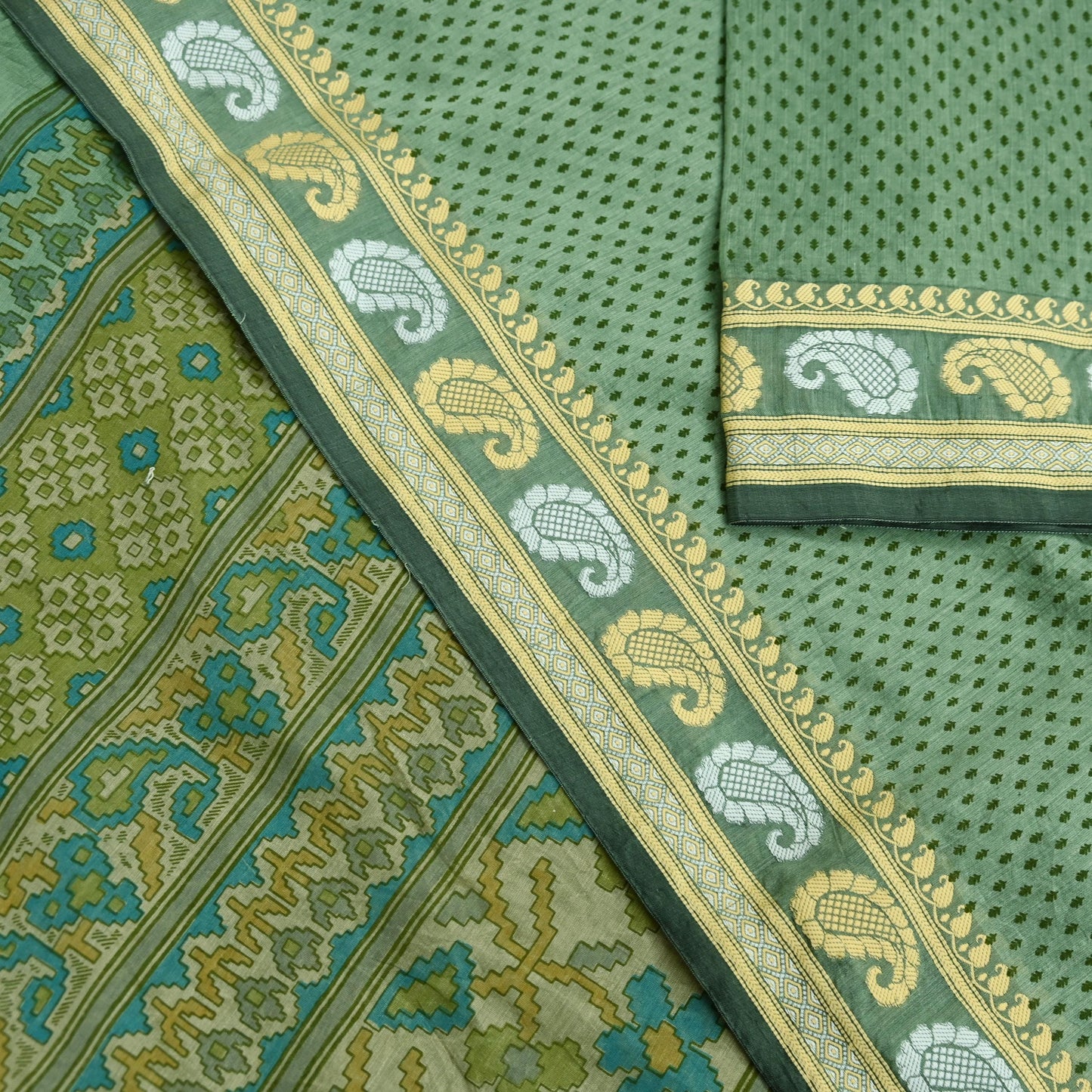 Indian Vintage Sari Green Block Printed Sari Chanderi Sarees Craft Fabric 5Yd Floral Soft Dress making Crafting Quilting