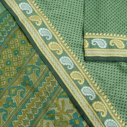 Indian Vintage Sari Green Block Printed Sari Chanderi Sarees Craft Fabric 5Yd Floral Soft Dress making Crafting Quilting