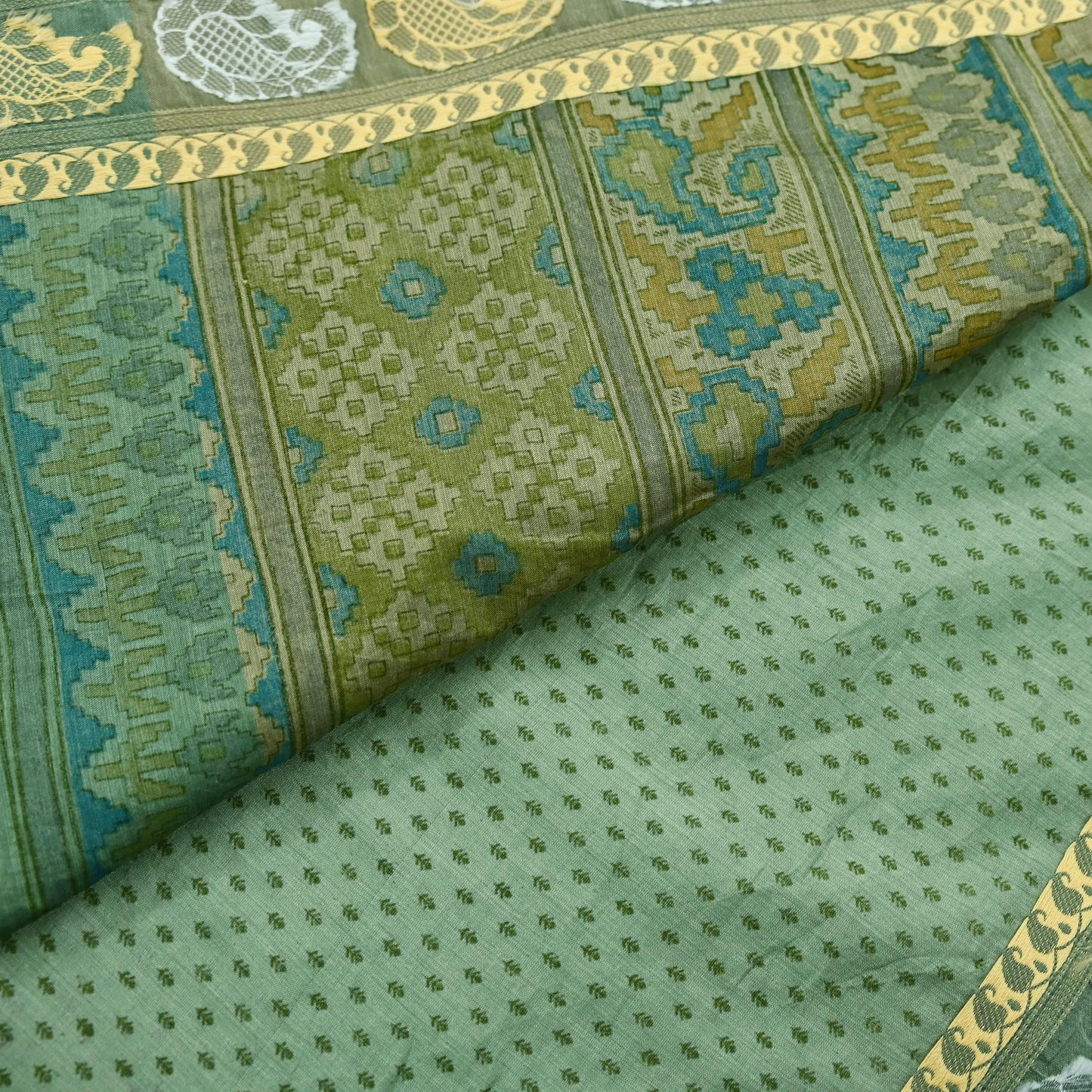 Indian Vintage Sari Green Block Printed Sari Chanderi Sarees Craft Fabric 5Yd Floral Soft Dress making Crafting Quilting