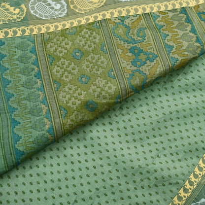 Indian Vintage Sari Green Block Printed Sari Chanderi Sarees Craft Fabric 5Yd Floral Soft Dress making Crafting Quilting